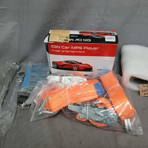 APPROXIMATELY 6 ASSORTED VEHICLE PARTS & ACCESORIES TO INCLUDE CAR MP5 PLAYER, GEAR BOX CONTR MODULE, RATCHET STRAP, ETC