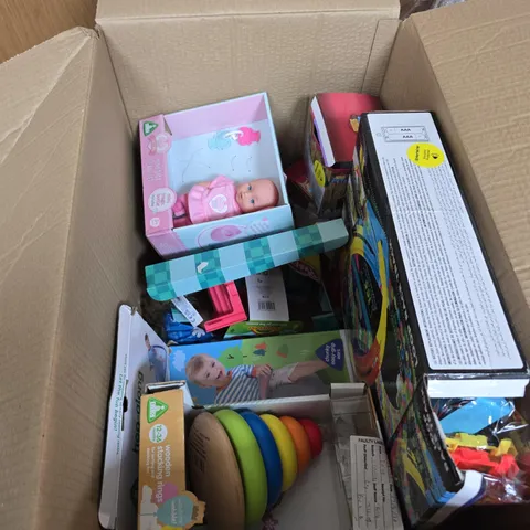 BOX OF APPROXIMATELY 10 ASSORTED TOYS INCLUDING WOODEN STACKING RINGS AND MINI BABY CARE SET 
