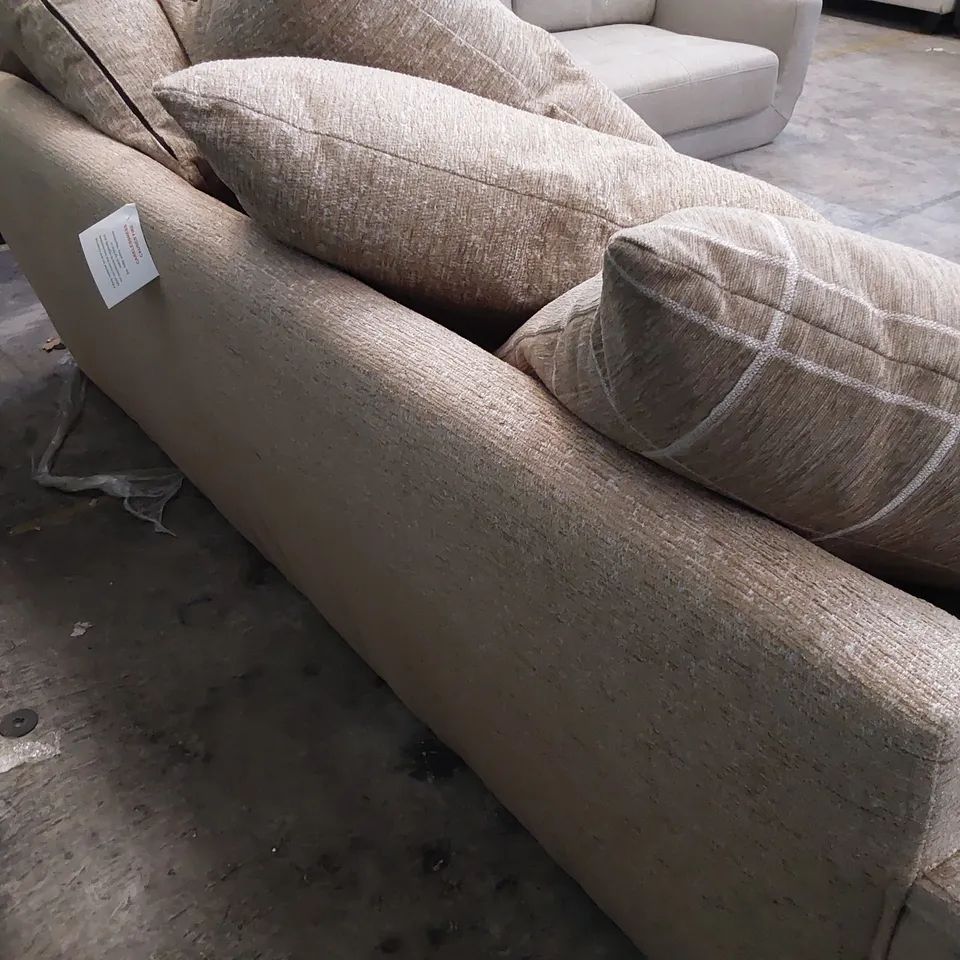 DESIGNER THREE SEATER SOFA BEIGE FABRIC WITH SCATTER CUSHIONS 