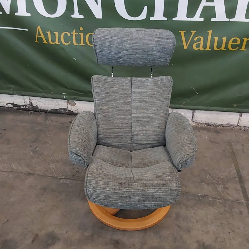 QUALITY G PLAN DESIGNER BERGEN CHAIR AND FOOTSTOOL IN WAFFLE MARINE FABRIC