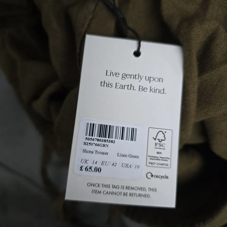 Nobody's Child Shona Trouser – Linen Green, UK 14 (EU 42, USA 10)