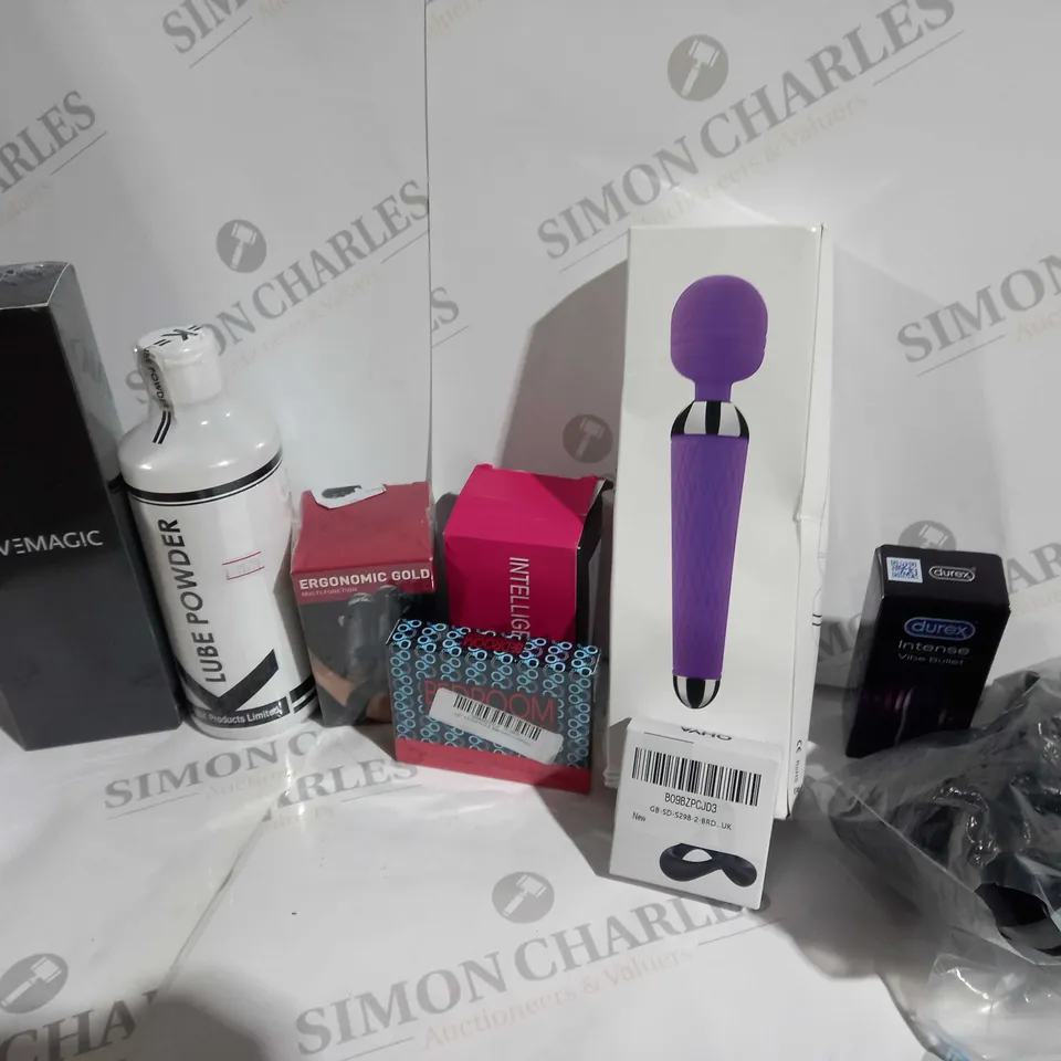 APPROXIMATELY 15 ASSORTED ADULT ITEMS TO INCLUDE DUREX VIBE BULLET, LUBE POWDER, VIBRATOR, ETC