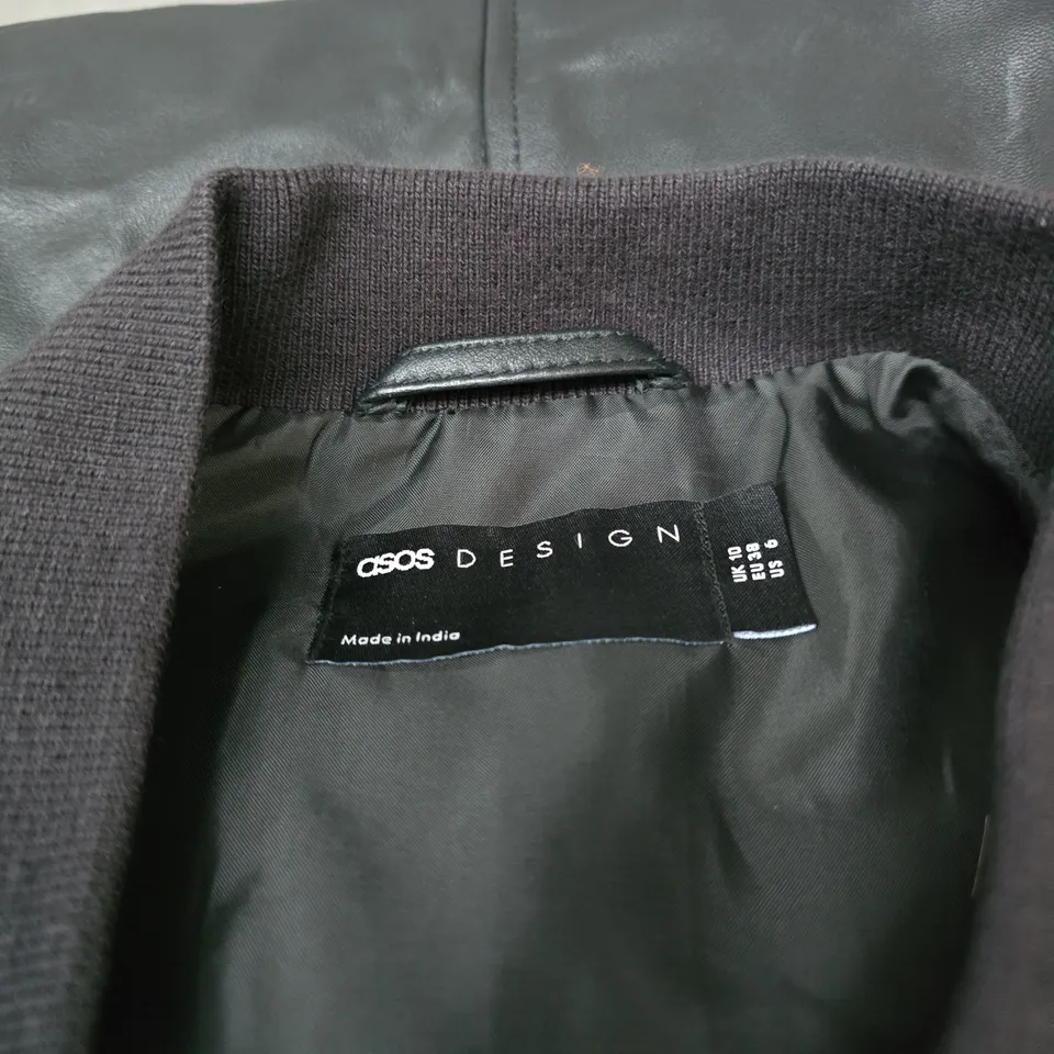 UK 10 ASOS DESIGN BOMBER JACKET – BLACK FAUX LEATHER (EU 38)