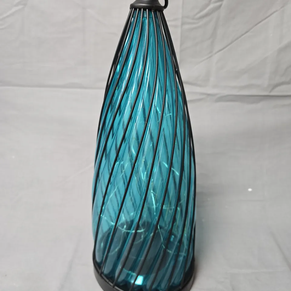 BLUE GLASS SPIRAL PENDANT LIGHT SHADE – TEAL WITH BLACK METAL FRAME