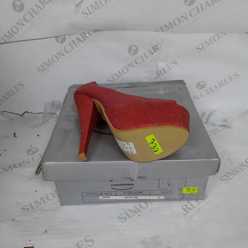 BOXED PAIR OF CASANDRA PLATFORM STILLETO HEEL OPEN TOE IN RED GLITTER SIZE 5