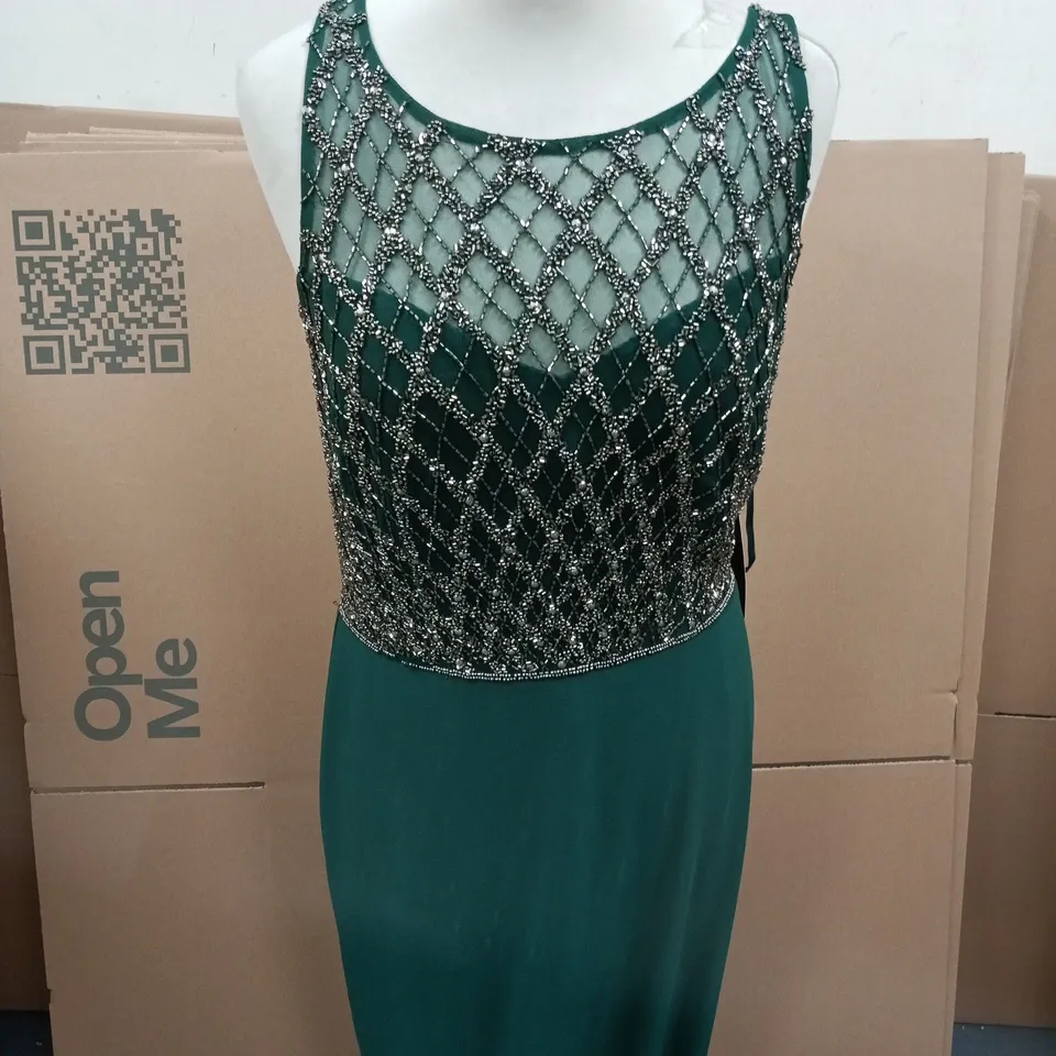 PAPELLE STUDIOS TEAL EVENING GOWN WITH SILVER BEADED LATTICE OVERLAY – UK SIZE 18