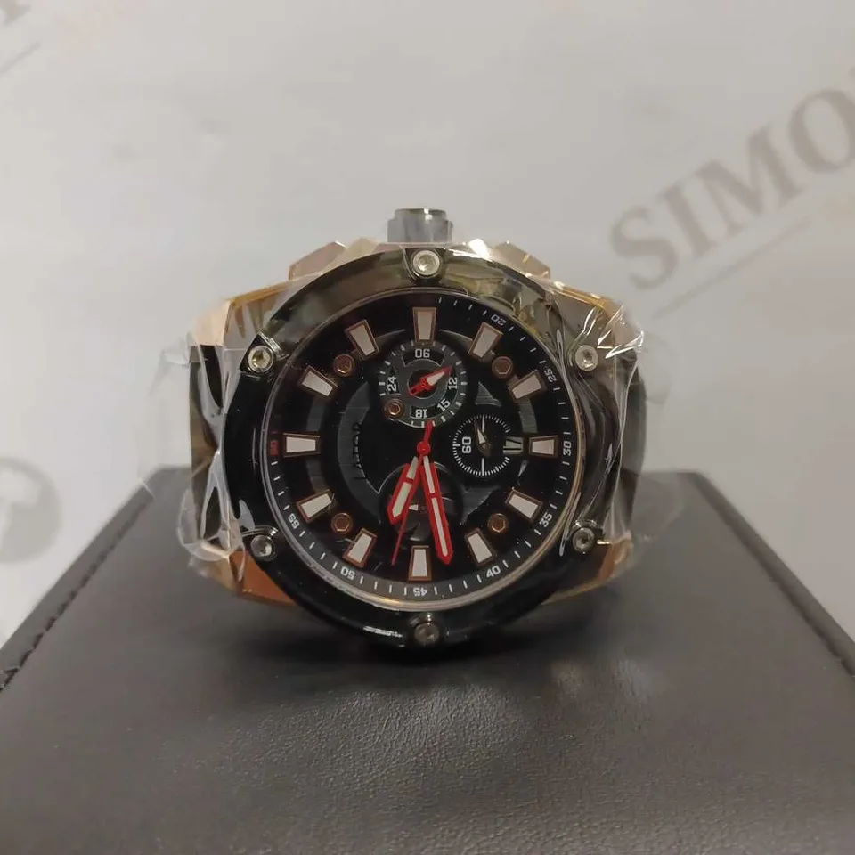 MEN’S LATOR CALIBRE 2261 CHRONOGRAPH WATCH – 42 MM IP PLATED CASE – BLACK DIAL - CHRONOGRAPH MOVEMENT WITH DATE – LEATHER STRAP 