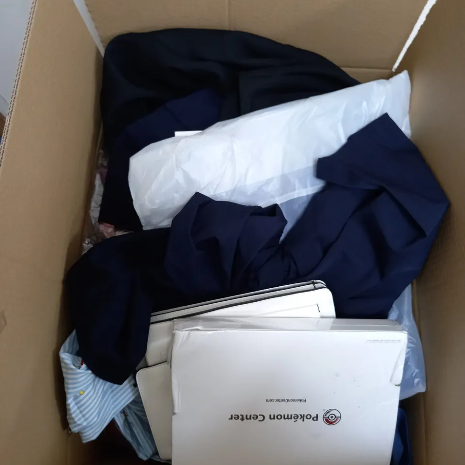 BOX OF ASSORTED CLOTHING ITEMS TOO INCLUDE JUMPERS, SHIRTS AND TROUSERS IN VARIOUS SIZES AND COLOURS   