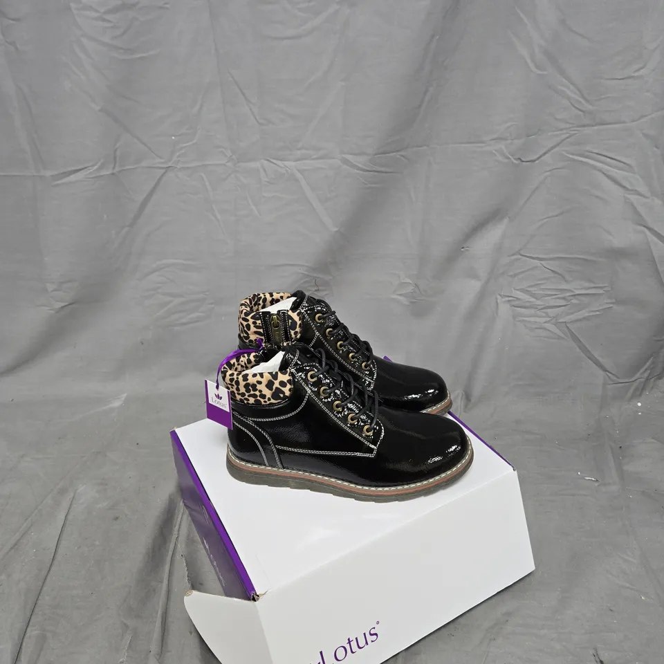 UK 5 LOTUS LEXIS ULB333 BLACK PATENT ANKLE BOOTS – LEOPARD PRINT LINING