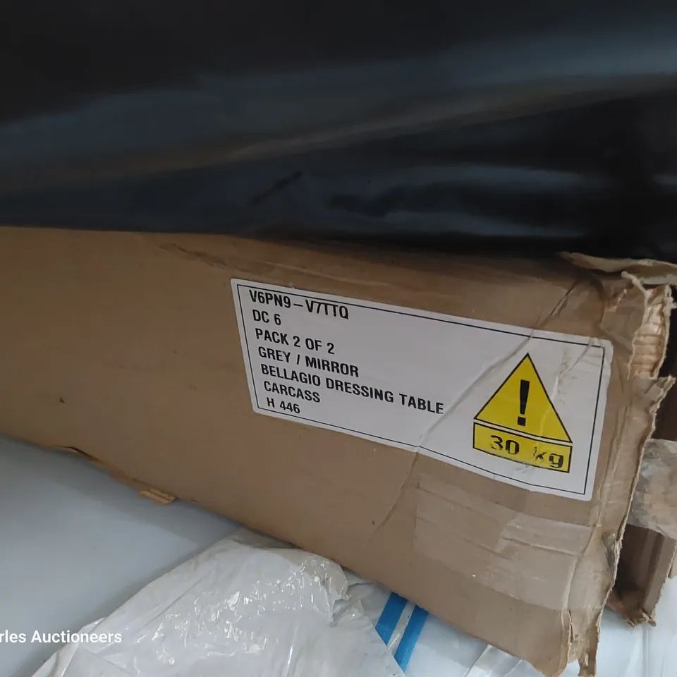 PALLET OF ASSORTED BOXED FURNITURE PARTS INCLUDING DRESSING TABLE, DEEP FRAMED MIRROR, LAMP SHADE, PERSPEX SHEETS, HEADBOARD.