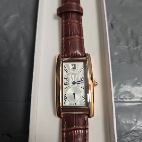 STOCKWELL RECTANGULAR GOLD-TONE WATCH WITH BROWN LEATHER STRAP