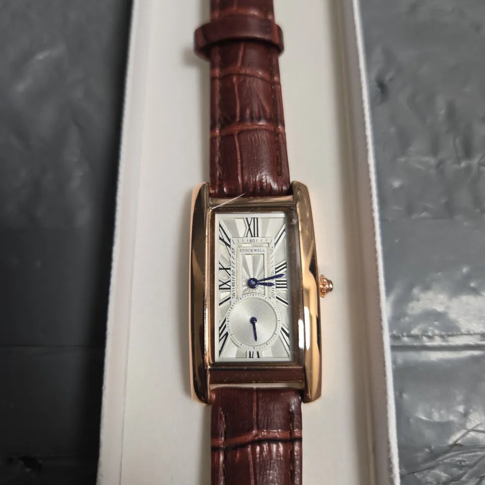 STOCKWELL RECTANGULAR GOLD-TONE WATCH WITH BROWN LEATHER STRAP