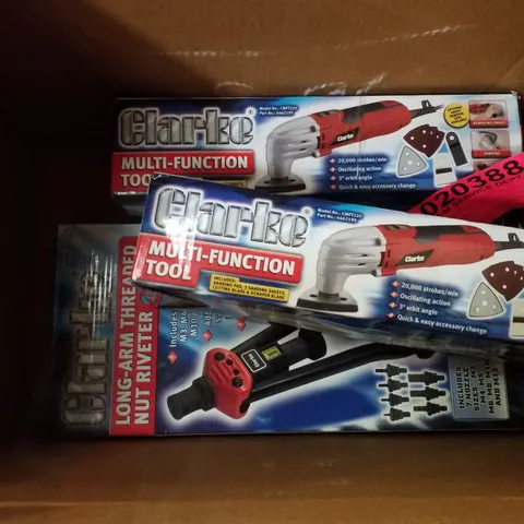 BOX CONTAINING 3 SCRAP ITEMS INCLUDING 2 MULTI-FUNCTION TOOLS & LONG-ARM THREADED NUT RIVETER