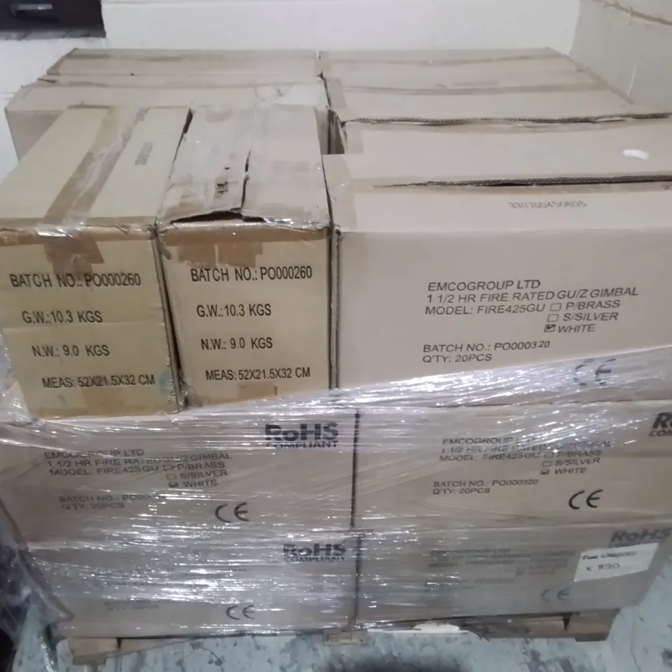 PALLET CONTAINING 23 MULTIPACK BOXES OF EMCOLITE DOWNLIGHTS TO INCLUDE FIRE RATED SHOWER AND GIMBAL DOWNLIGHTS
