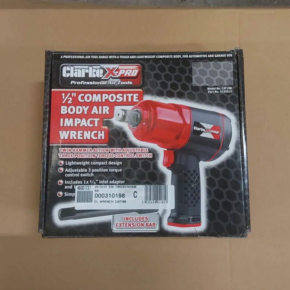 BOXED CLARKE CAT198 X-PRO ½" COMPOSITE AIR IMPACT WRENCH WITH EXTENSION BAR