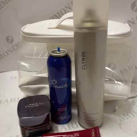 LOT OF 4 ITEMS INCLUDING L'OREAL REVITALIFT TRIPLE POWER DUO, LANCOME COSMETIC BAG, CLYNOL EXTRA STRONG HAIRSPRAY