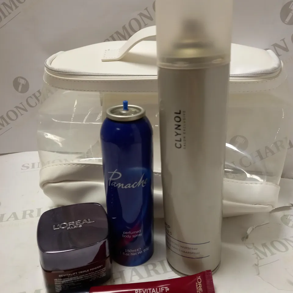 LOT OF 4 ITEMS INCLUDING L'OREAL REVITALIFT TRIPLE POWER DUO, LANCOME COSMETIC BAG, CLYNOL EXTRA STRONG HAIRSPRAY