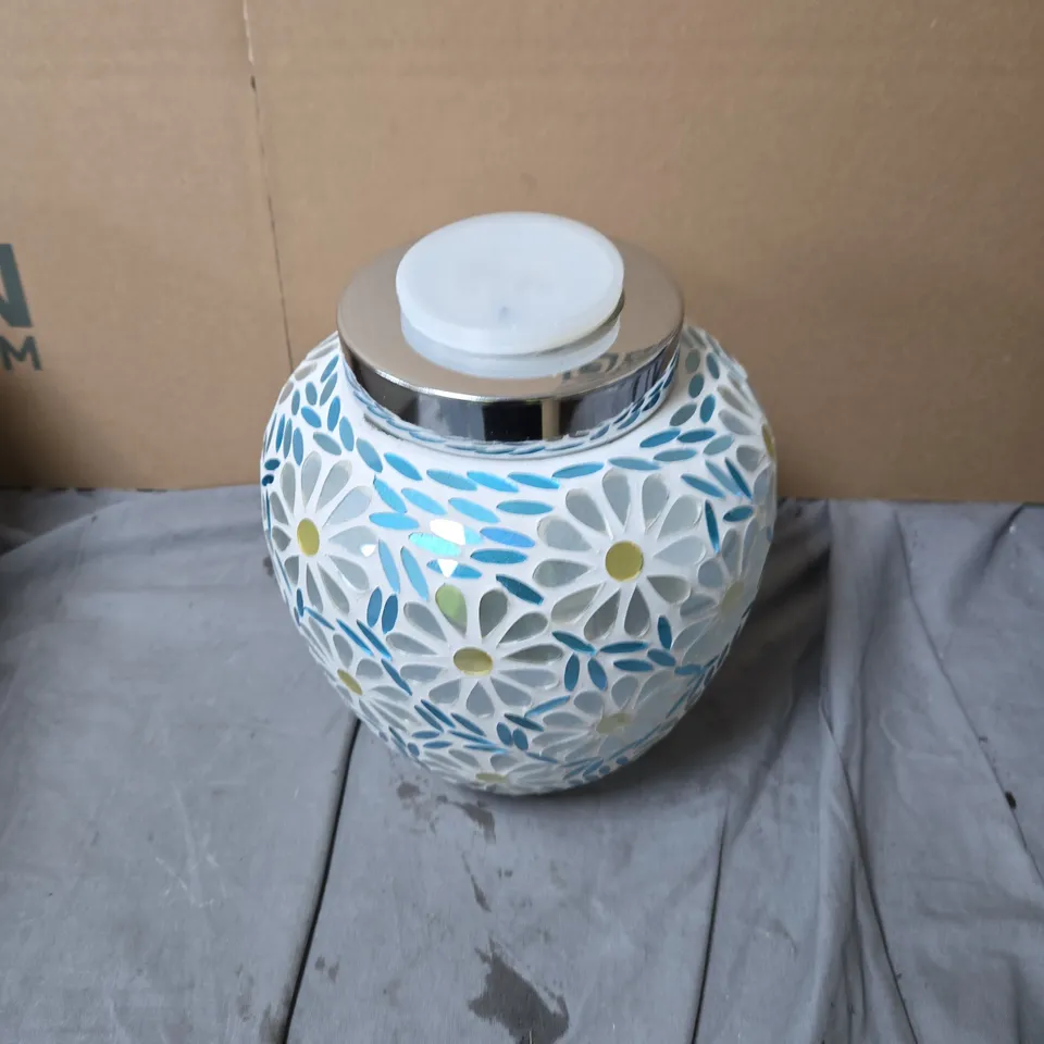CERAMIC LIDDED JAR WITH BLUE FLORAL MOTIF 