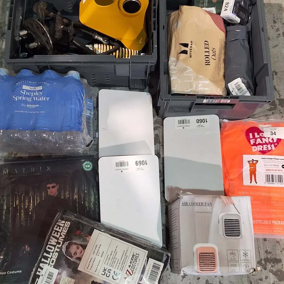 CAGE OF ASSORTED ITEMS TO INCLUDE DRESS UP COSTUMES,CAR PARTS, FOOD ITEMS AND NETWORK ROUTERS