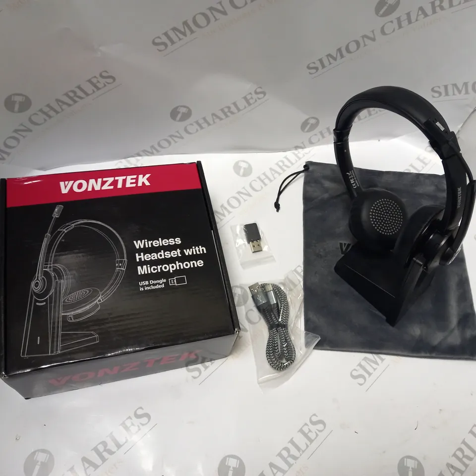 BOXED VONZTEK WIRELESS HEADSET & MICROPHONE WITH CHARGING BASE, CARRY BAG, USB DONGLE, USB CABLE AND INSTRUCTIONS 