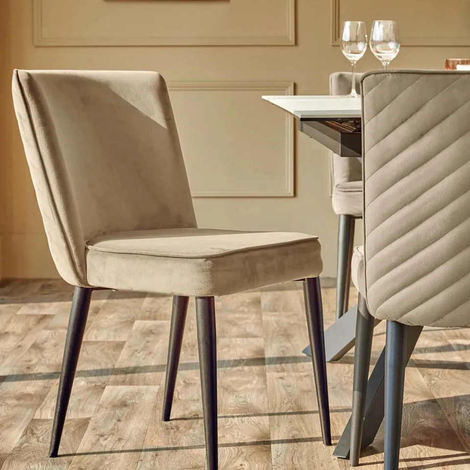 BOXED PAIR OF DANETTI SERENA CHAMPAGNE VELVET DINING CHAIRS
