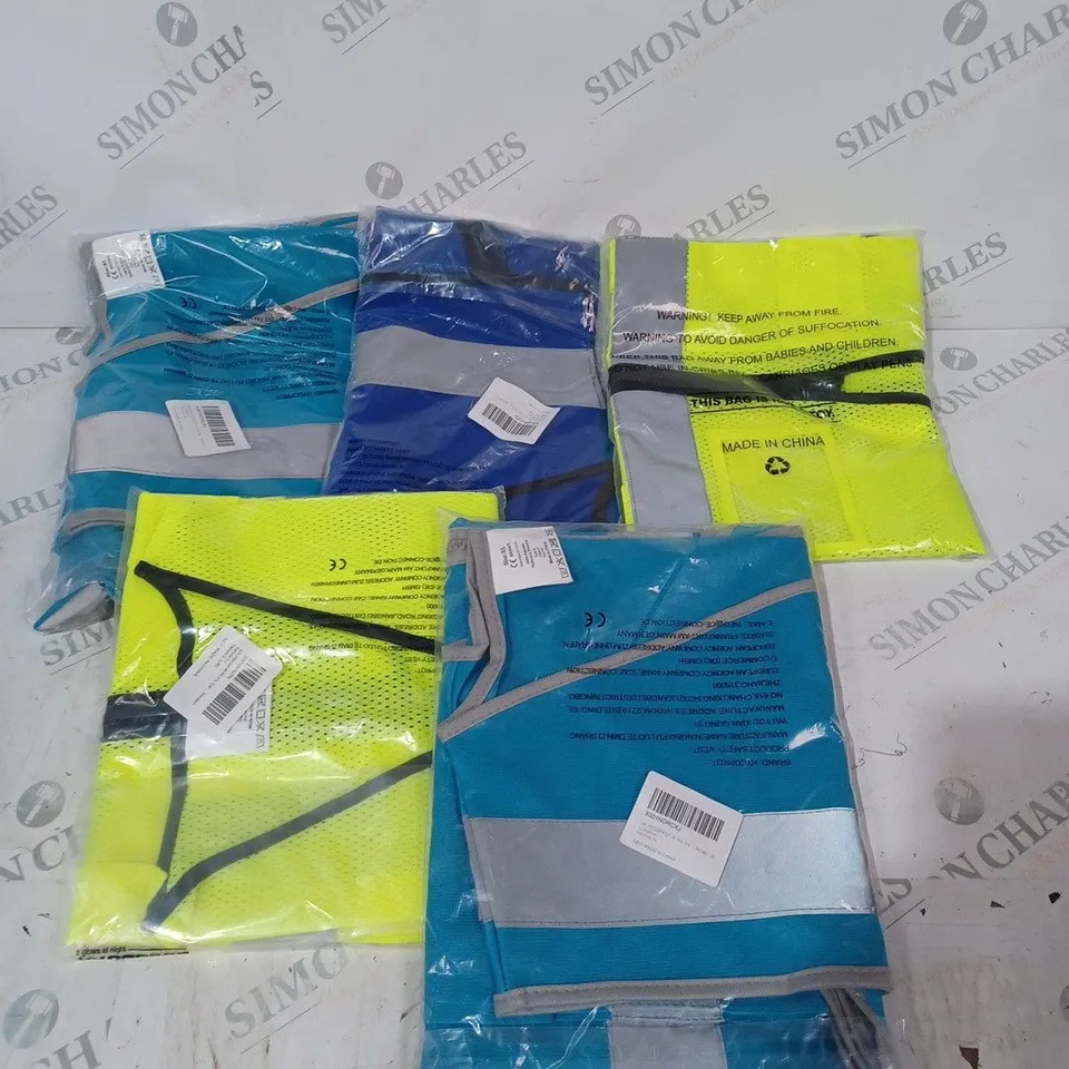 APPROXIMATELY 5 ASSORTED HI-VIS SAFETY VESTS IN VARIOUS COLOURS AND SIZES