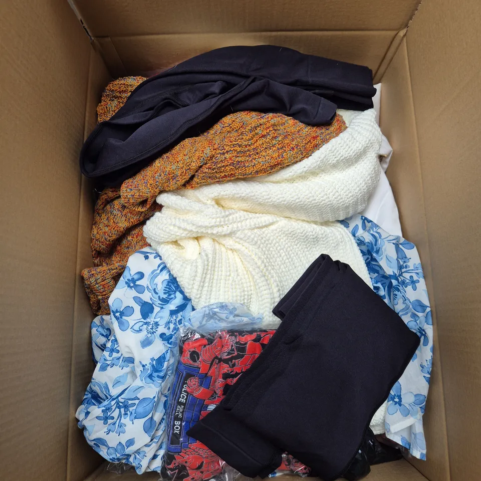 LARGE BOX OF ASSORTED CLOTHING ITEMS IN VARIOUS SIZES, STYLES AND COLOUR - COLLECTION ONLY