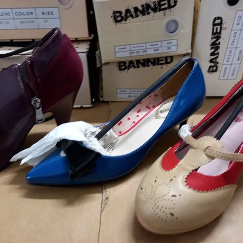 LOT OF 7 ASSORTED BOXED PAIRS OF BANNED HEELED SHOES IN VARIOUS SIZES