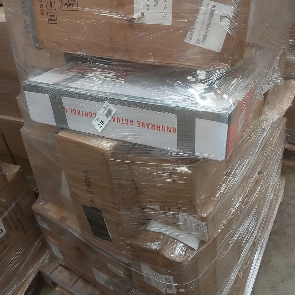 PALLET CONTAINING VARIOUS ASSORTED BOXED HOUSEHOLD AND TOOLING PARTS TO INCLUDE, HANDBRAKE ACTUATOR CONTROL UNIT, FLOOR CABINET,  TREADMILL AND LOTS MORE UNMARKED BOXED ITEMS