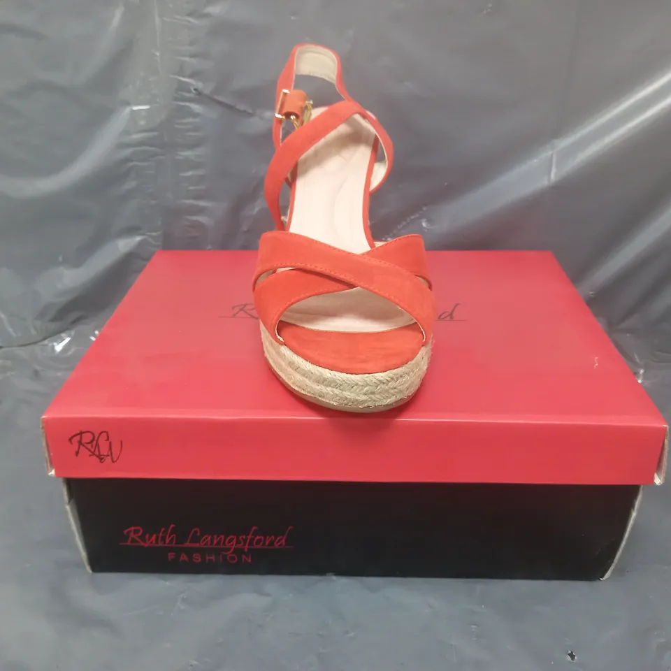 BOXED PAIR OF RUTH LANGSFORD WEDGE SANDALS IN ORANGE SIZE 8