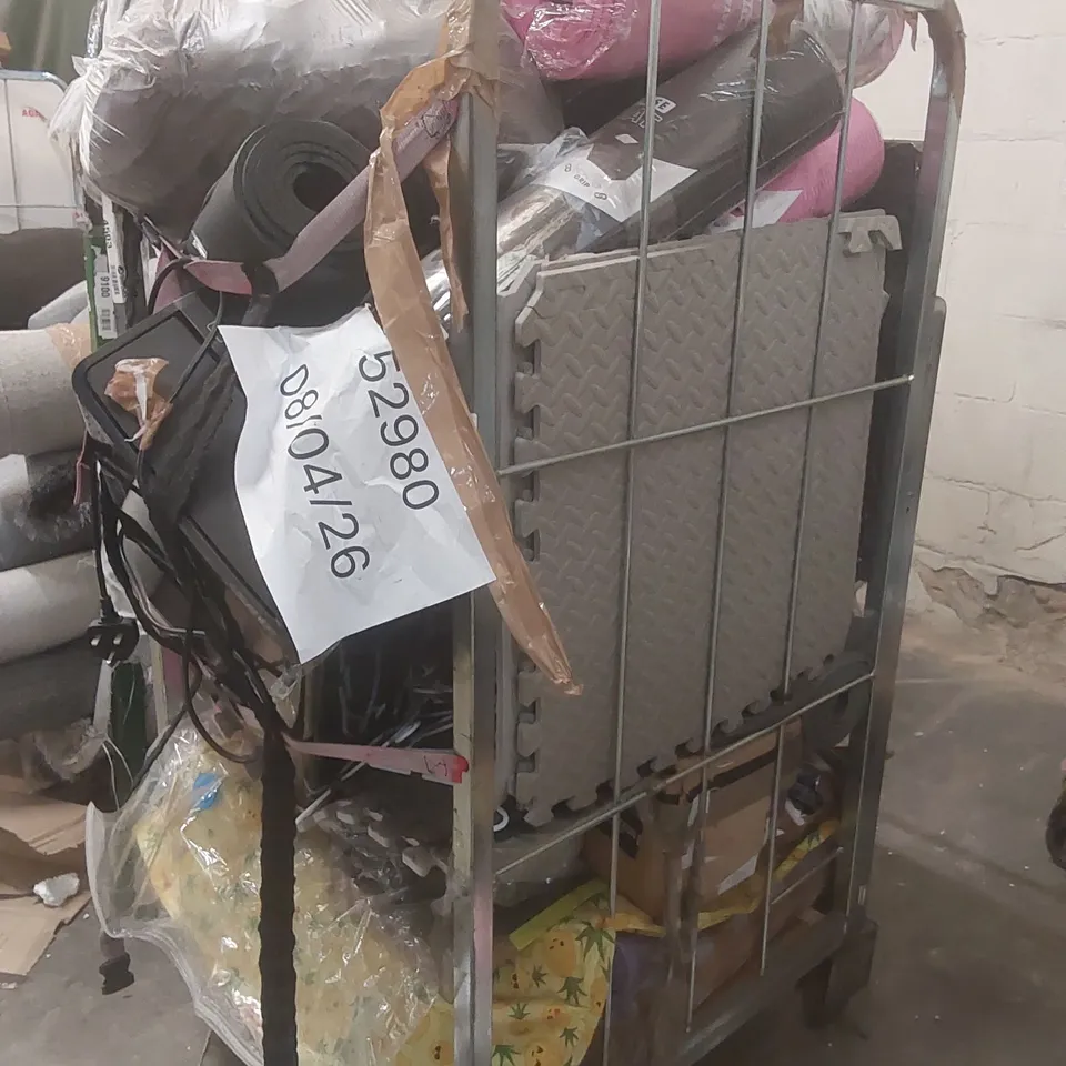 CAGE CONTAINING A LARGE QUANTITY OF ASSORTED ITEMS INCLUDING: YOGA MATS, KEPLIN DEHUMIDIFIER, EXERCISE MATS ECT // CAGE NOT INCLUDED