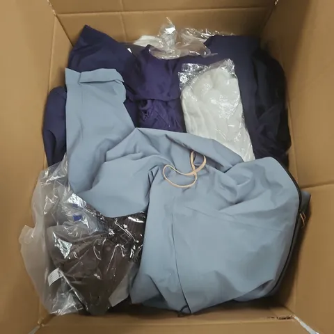 LARGE BOX OF APPROXIMATELY 25 ASSORTED CLOTHING ITEMS IN VARIOUS COLOURS, STYLES AND SIZES - COLLECTION ONLY
