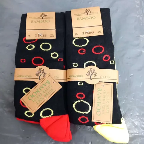 APPROXIMATELY 45 PACKS OF SIX PAIRS OF ALEXANDER GREEN BAMBOO CIRCLE DESIGN SOCKS SIZE UK 7-11