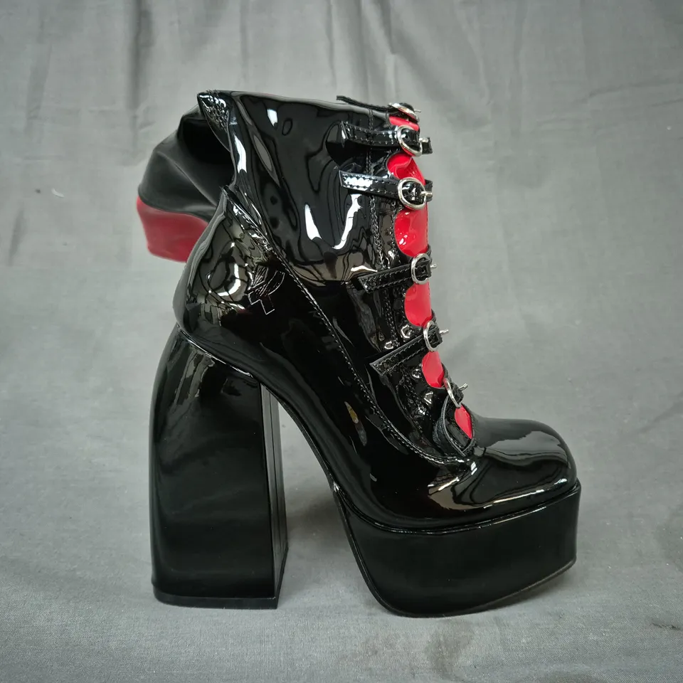 BOXED PAIR OF KOI RITUAL STATE PATENT LONG BOOTS IN BLACK/RED UK SIZE 3