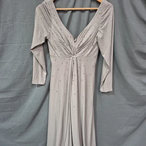 WOMEN'S GREY GLITTER EVENING DRESS WITH DRAPED FRONT AND LONG SLEEVES - SIZE 6