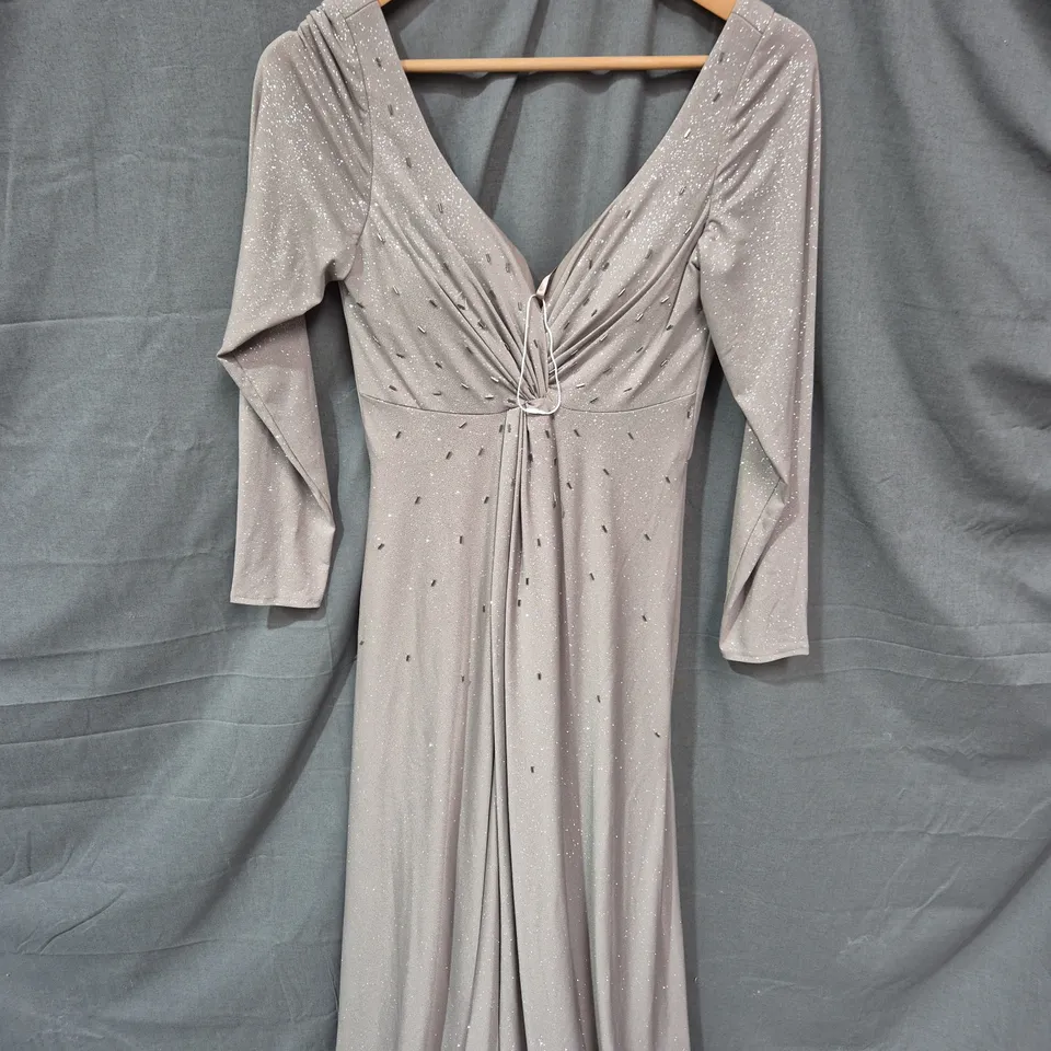 WOMEN'S GREY GLITTER EVENING DRESS WITH DRAPED FRONT AND LONG SLEEVES - SIZE 6