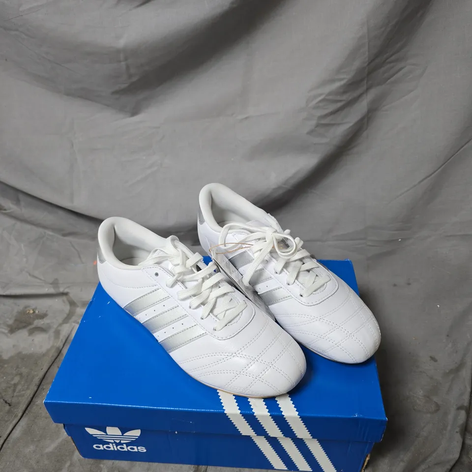 ADIDAS WHITE SNEAKERS WITH SILVER 3-STRIPES – BOXED SIZE 6