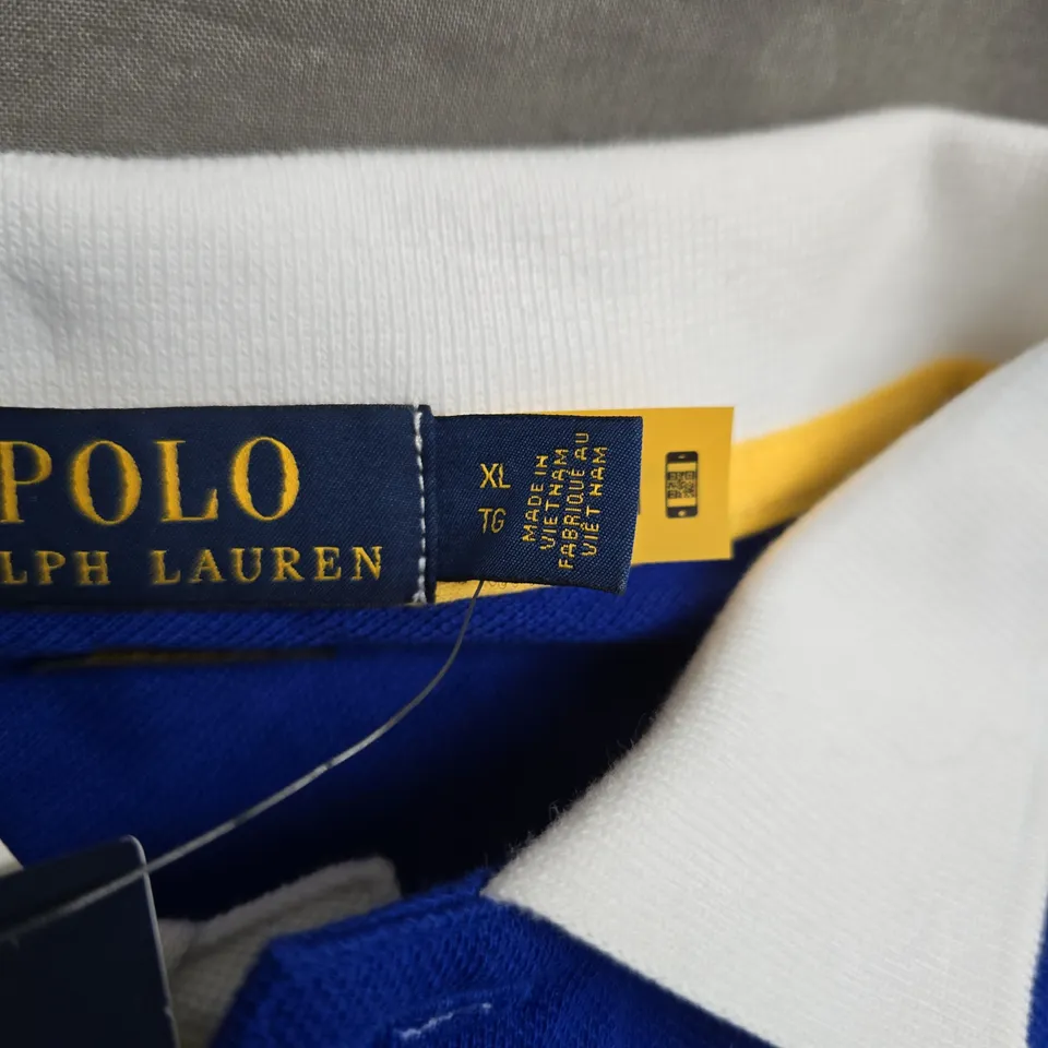 POLO RALPH LAUREN POLO SHIRT – ROYAL BLUE, COLOUR-BLOCK SLEEVES, MEN’S XL