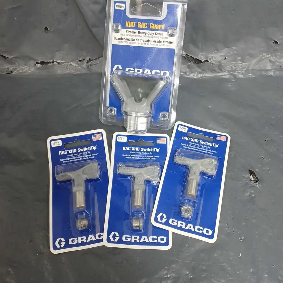 4 ASSORTED GRACO PRODUCTS TO INCLUDE XHD RAC GUARD AND RAC XHD SWITCH TIP