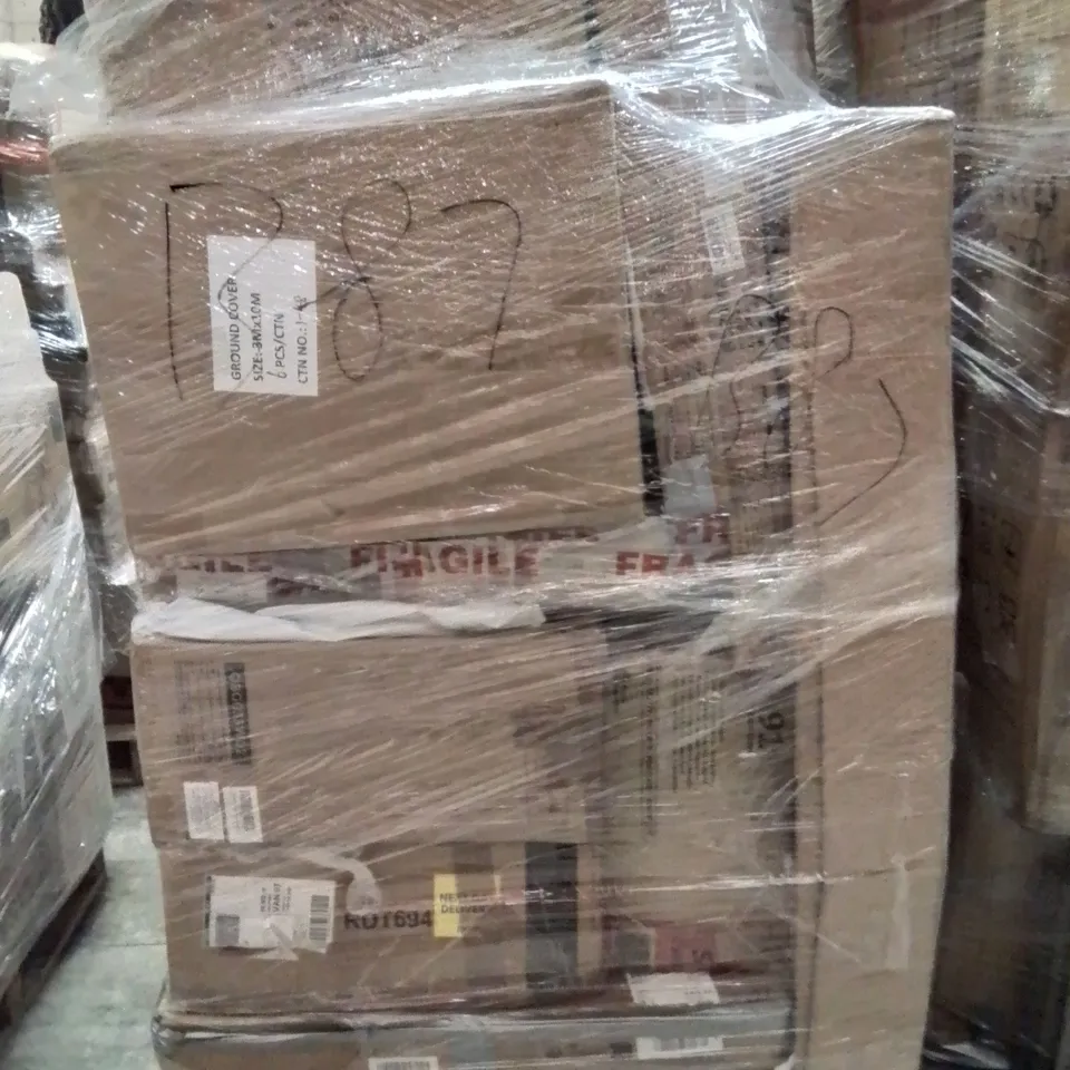 PALLET OF ASSORTED HOUSEHOLD GOODS AND PRODUCTS TO INCLUDE;TRASH CAN,SHELVING UNIT,DESK