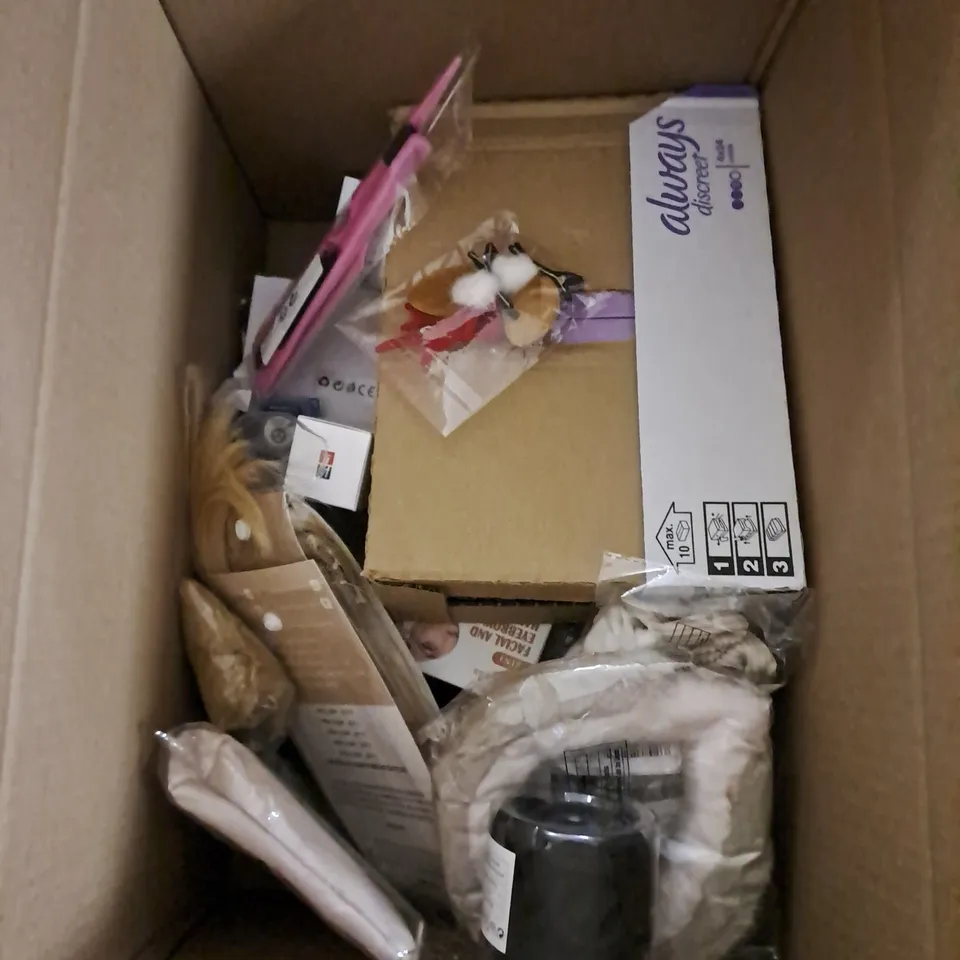 BOX OF APPROXIMATELY 15 ASSORTED COSMETIC ITEMS TO INCLUDE - WIGS - HAIR EXTENSIONS - HAIR ACCESSORIES - ETC