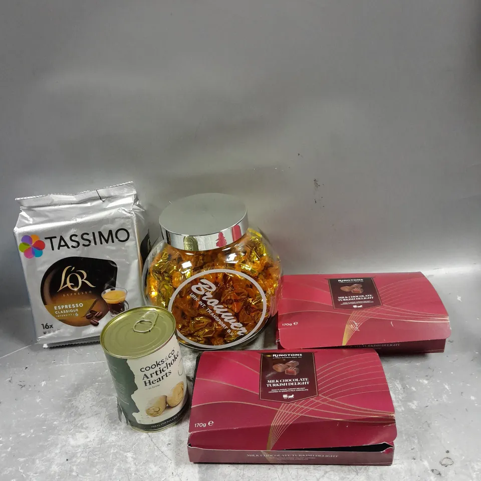 APPROXIMATELY 5 ASSORTED FOOD/DRINK PRODUCTS TO INCLUDE TASSIMO COFFEE, ARTICHOKE HEARTS, TURKISH DELIGHT ETC 