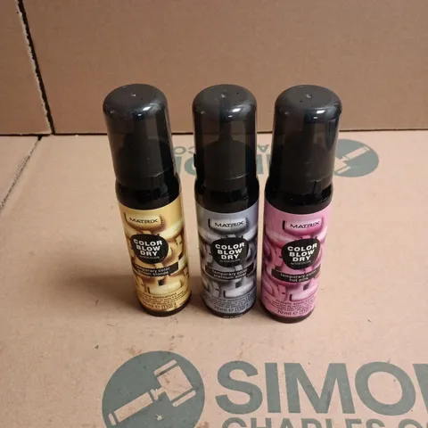 APPROXIMATELY 22 X ASSORTED MATRIX COLOR BLOW DRY HAIR CARE PRODUCTS TO INCLUDE HOT PINK, PLATINUM SILVER ETC