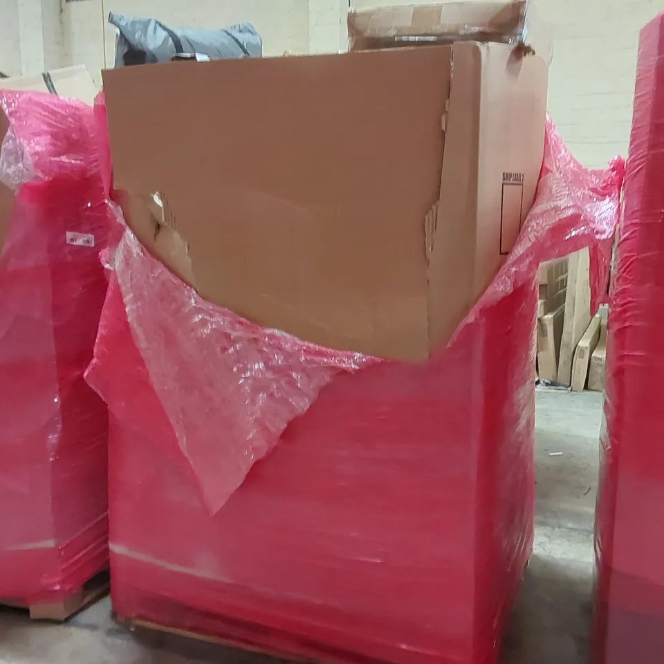 PALLET OF ASSORTED ITEMS INCLUDING: MINIFIRE FHD 24" MONITOR, FOLDING WAGON, HOSE REEL, FULL MOTION CANTILEVER MOUNT, OSCILLATING SPRINKLER ECT