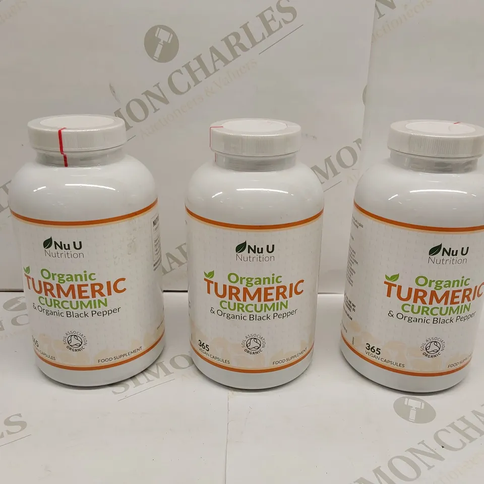 APPROXIMATELY 3 BOTTLES OF NU U ORGANIC TUMERIC CURCUMIN & ORGANIC BLACK PEPPER NUTRITION VEGAN CAPSULES - 365 CAPSULES PER BOTTLE // BEST BEFORE: 07/26