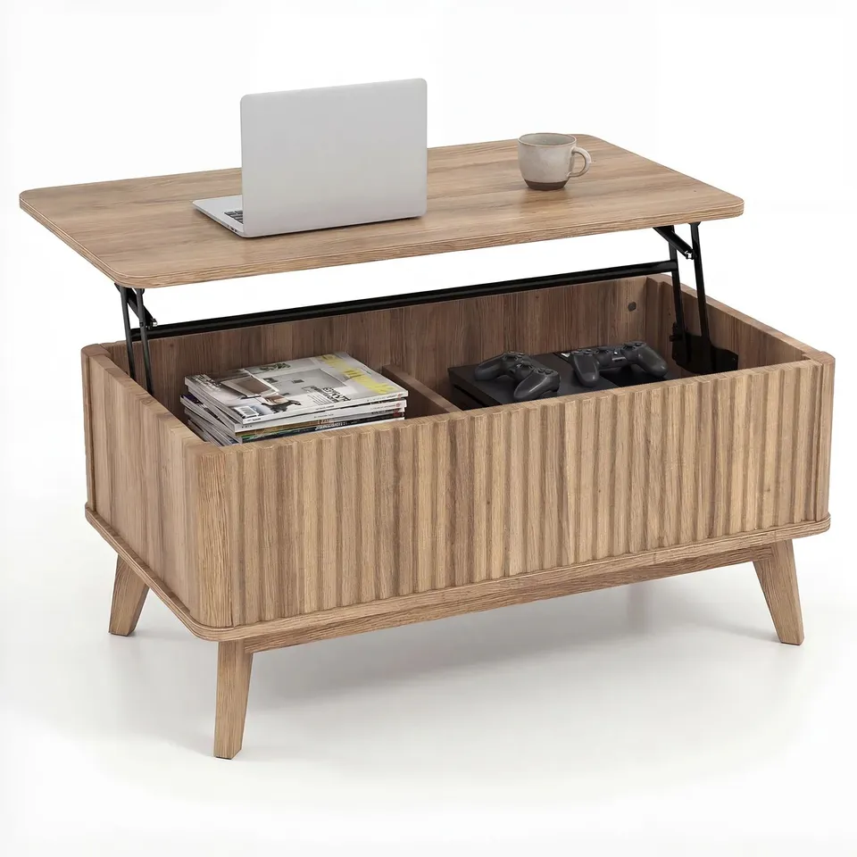 BOXED 35.5" RECTANGLE WOODEN FLUTED LIFT TOP COFFEE TABLE (1 BOX)