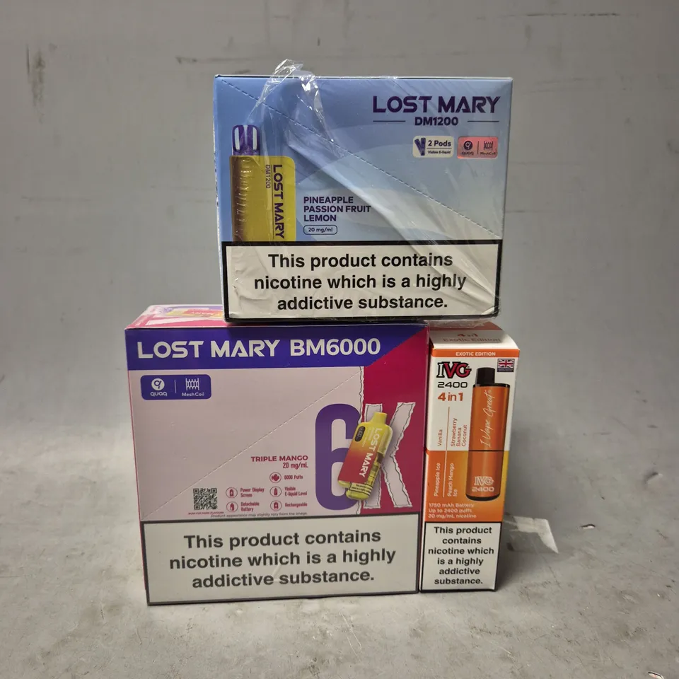 APPROXIMATELY 9 ASSORTED E-CIGARETTE PRODUCTS TO INCLUDE - LOST MARY , IVG 2400 , LOST MARY 
