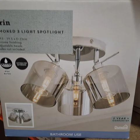 BOXED DUNELM ORIN 3-LIGHT SMOKED SPOTLIGHT CEILING FITTING – CHROME, IP44, BATHROOM USE