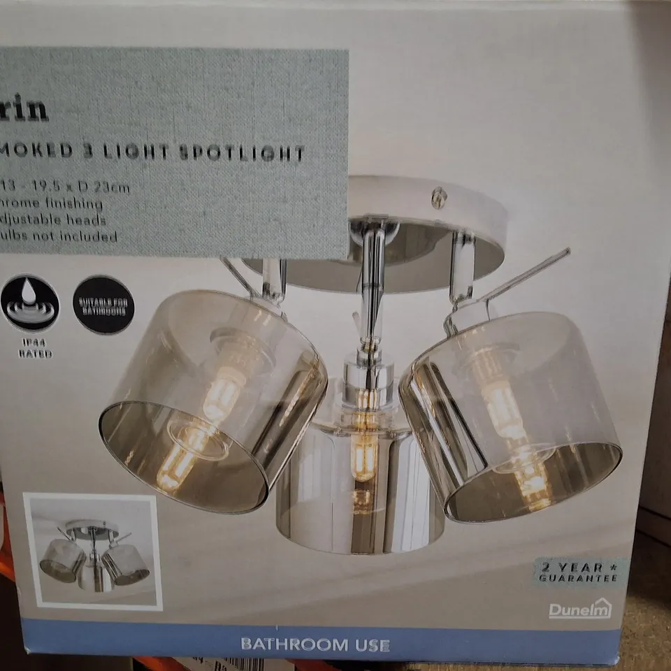 BOXED DUNELM ORIN 3-LIGHT SMOKED SPOTLIGHT CEILING FITTING – CHROME, IP44, BATHROOM USE