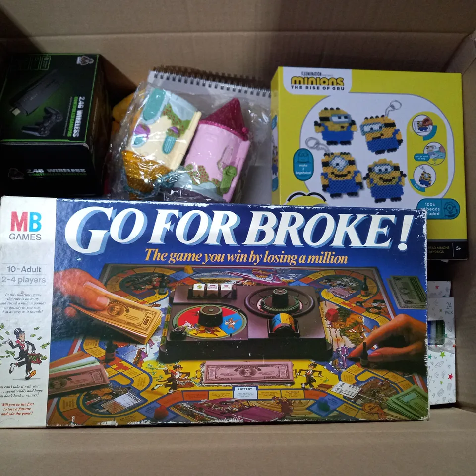 BOX OF APPROX 25 ASSORTED TOYS TO INCLUDE - ARABIC ALPHABET - MINIONS THE RISE OF GRU - MB GAMES GO FOR BROKE ECT 